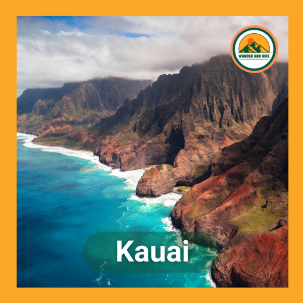 Aerial view of the dramatic Na Pali Coast on Kauai, Hawaii, showing rugged green and red cliffs meeting the turquoise Pacific Ocean. Includes text 'Kauai' and Wander and Hike logo.