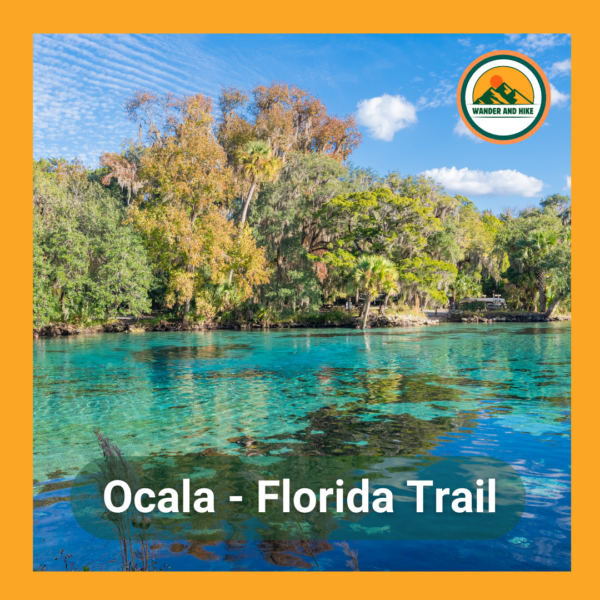 Crystal-clear turquoise spring water in Ocala National Forest lined with lush trees under a blue sky. Text overlay reads 'Ocala - Florida Trail' with Wander and Hike logo.