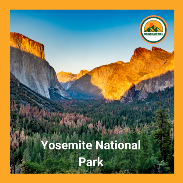 Iconic Tunnel View of Yosemite Valley at sunrise, with golden light hitting El Capitan and Half Dome above the forested valley floor. Text 'Yosemite National Park' and Wander and Hike logo included.
